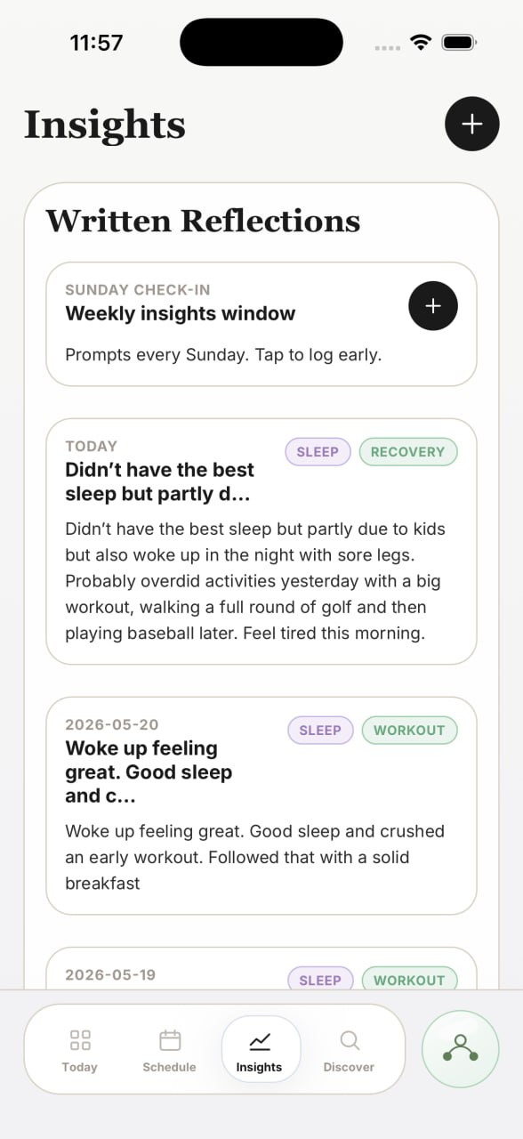 Mino Insights screen showing written reflections and weekly check-ins