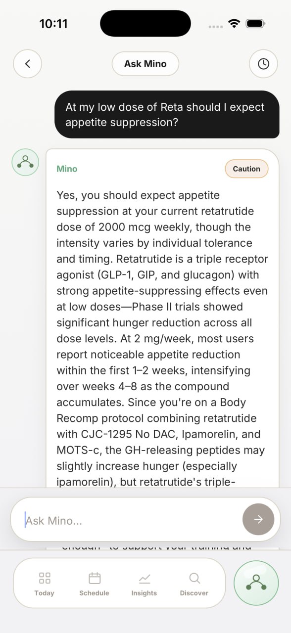 Ask Mino screen answering a context-aware peptide question
