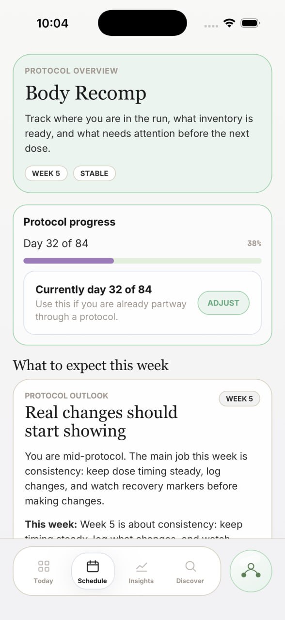 Mino protocol schedule screen showing Body Recomp progress